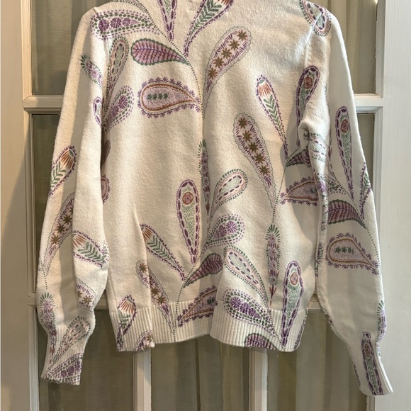 LOFT Cream and Purple Paisley V-Neck Sweater - Picture 2 of 3